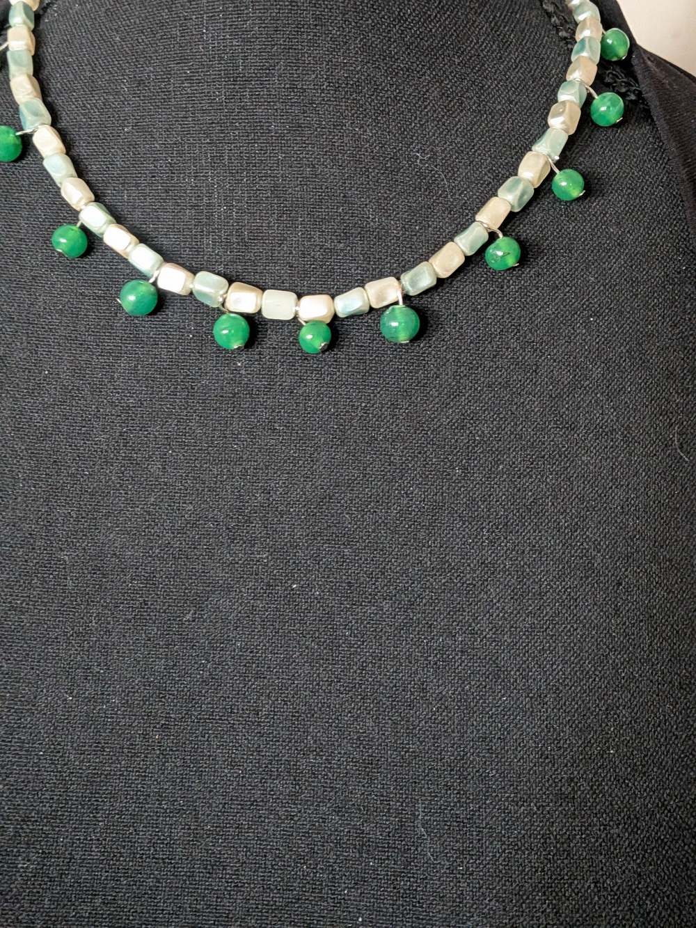 Vintage K Drama Style Mother Of Pearl And Green Stone Necklace